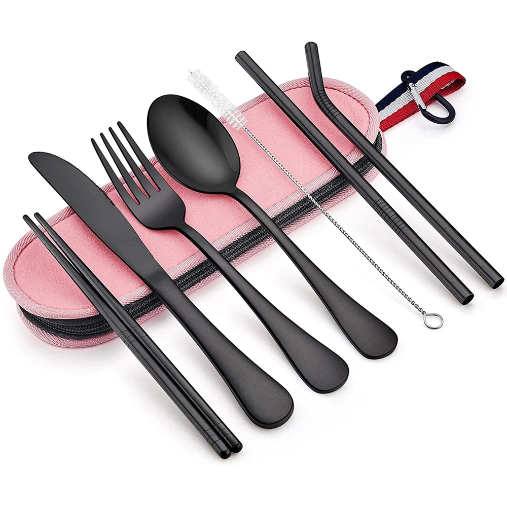 

Eco friendly 8 piece silverware set metal fork and spoon straws travel set of spoon and fork with bag, Sliver, black