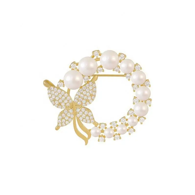 

2021 New Ring Pearl Brooch Fashion Butterfly Diamond Brooch Women's Flower Alloy Brooch, Gold/silver