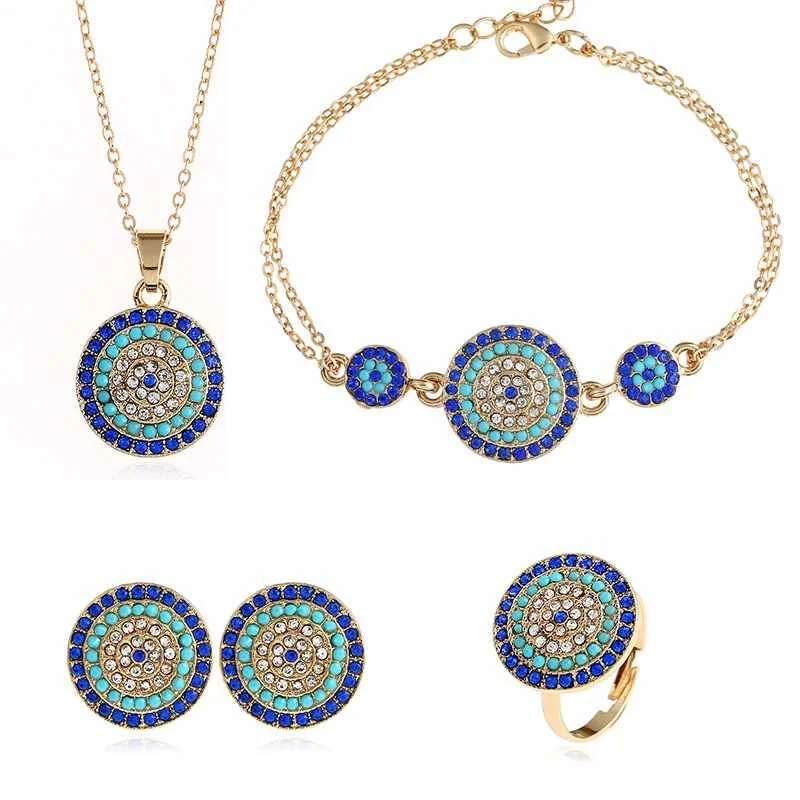 

Devil's Eye Necklace Earrings Four-piece Round Turkish Blue Eyes Jewelry Sets