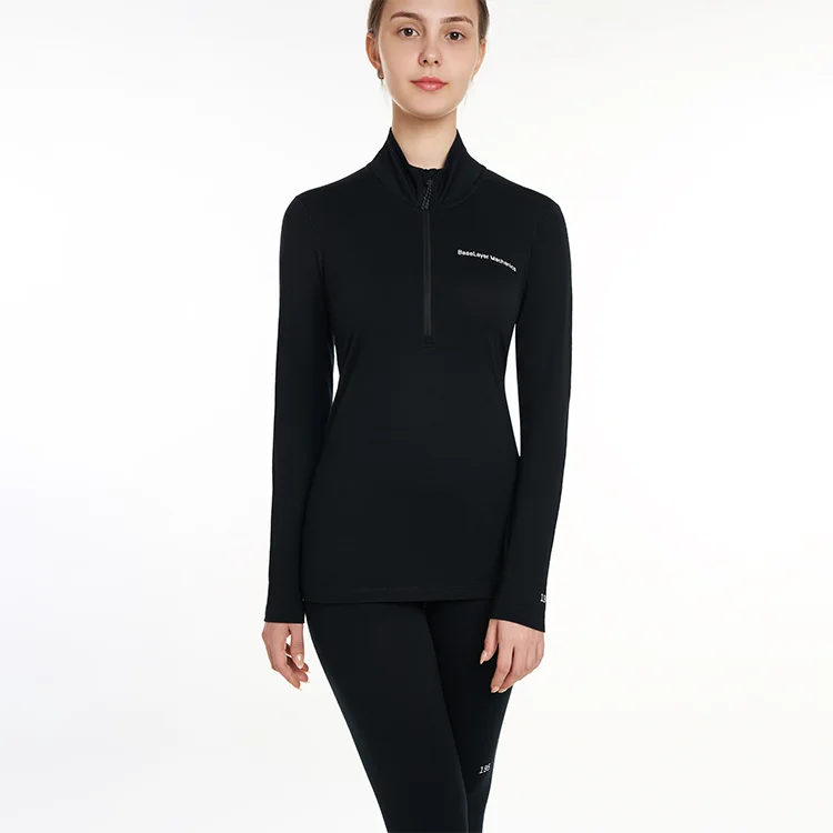 

Ready To Ship 100%Merino Wool Women's Long-Sleeve Half-Zip Long-Sleeve Inner Wear Womens Thermal Underwear In Stock, Black, heather grey