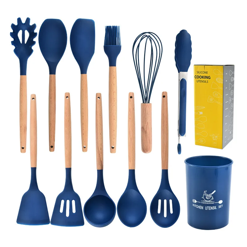 

Amazon hot sale high temperature resistant 12pcs silicone kitchen utensils cooking wooden handle silicone kitchen utensils set