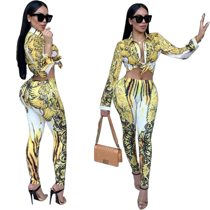 

Fashion Floral Print Two Piece Set for Women Turn Down Collar Long Sleeve Short Top and Bodycon Pencil Pants Set EK9124