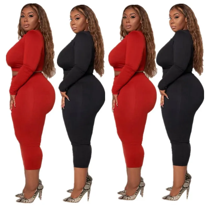 

S66308 Autumn And Winter Plus Size Women'S Clothing Fashion Casual Solid Color Long-Sleeved Waist Plus Size Skirt Suits Women