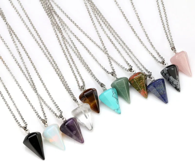 

Wholesale natural stone pendant hexagonal column conical pendulum faceted crystal gemstone necklace, Silver