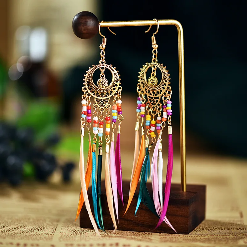

Retro Style Beaded Feather Charm Earrings Colorful Hollow Circle Beads Feather Tassel Pendant Earrings, Picture shows/custom color