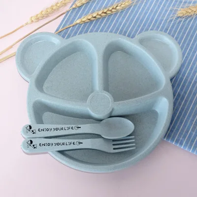 

3Pcs/Set Baby Bowl Spoon Fork Feeding Food Tableware Cartoon Bear Kids Dishes Eating Dinnerware Anti-hot Training Dinner Plate, Blue,pink,beige