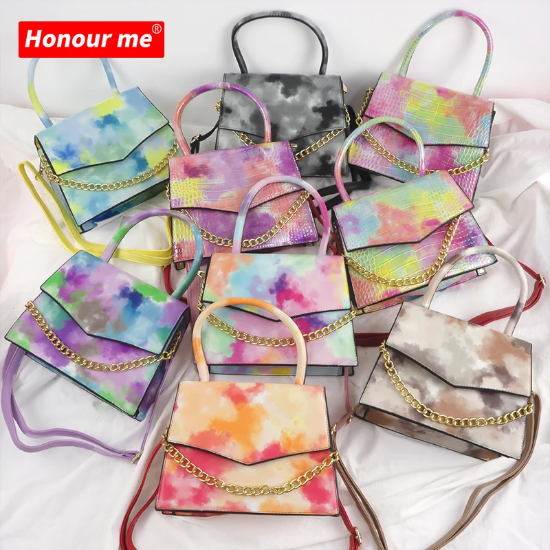 

New style leather handbags tie dye colorful shoulder bag PU tote chain purses hasp bag lady fashion handbag, Any color