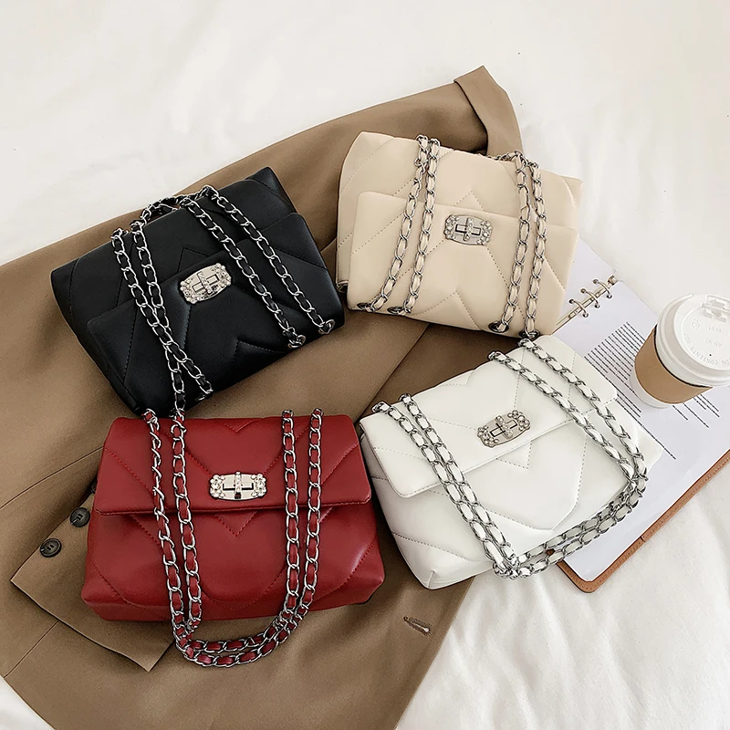 

2021 Hot Sell Vegan Pu Leather Women Handbags Young Lady Shoulder Crossbody Hand Bags For Ladies With Chain, 7colors