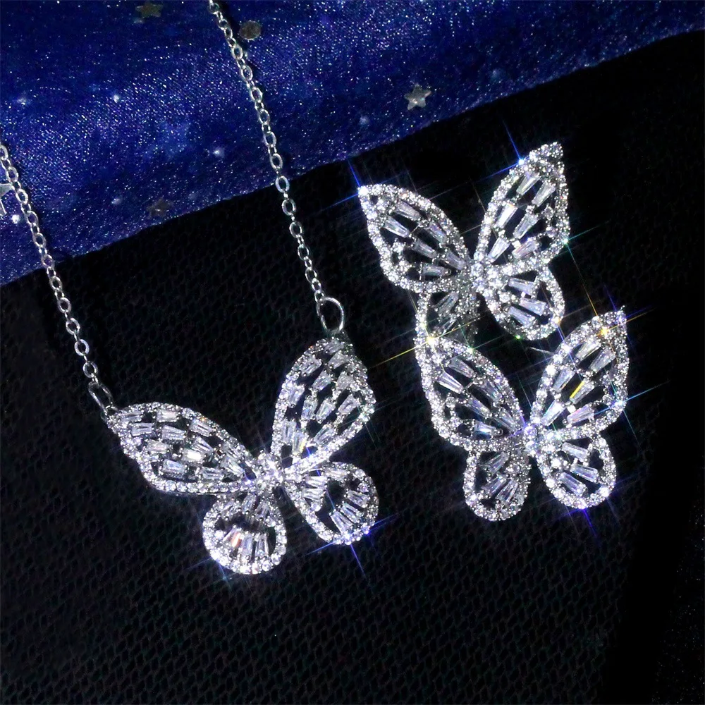 

Sparkling Diamond Butterfly Stud Earrings Necklace CZ Crystal Hollow Butterfly Jewelry Set