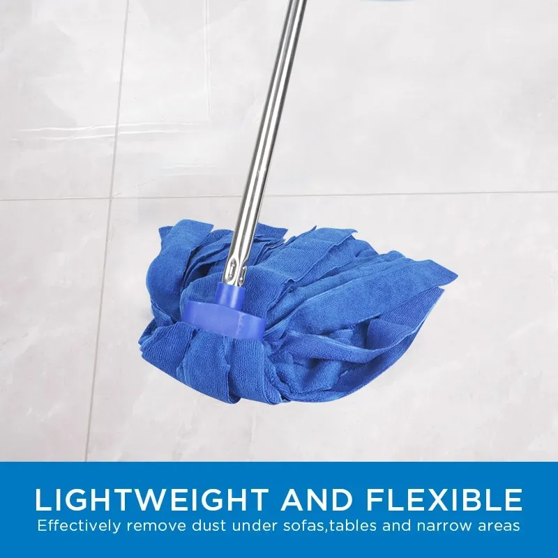Blue microfiber cloth mop head on a stainless steel handle, shown on a tiled floor