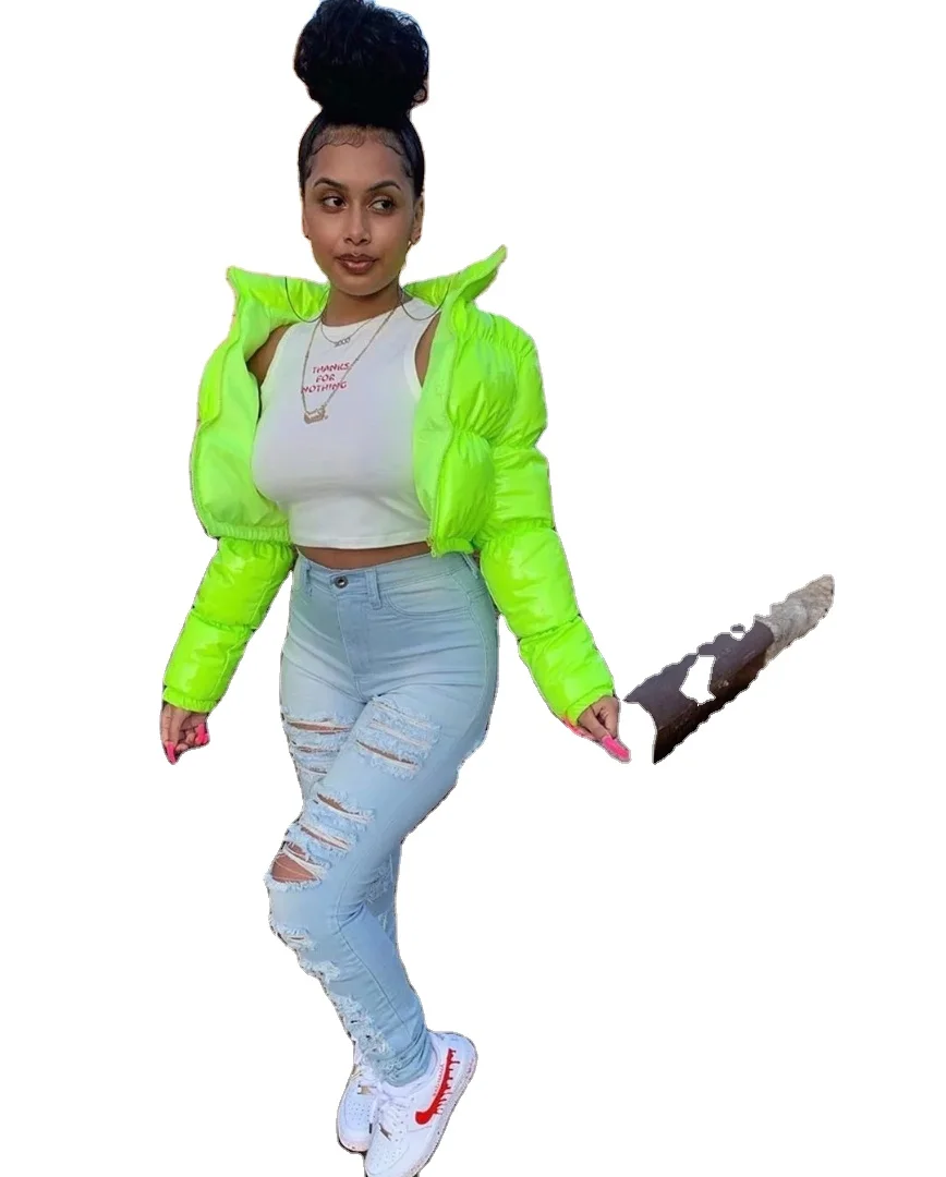

2021 hot selling down jacket XS women's overcoat thicken zipper fluorescent green tops women's coats, 1 color as picture