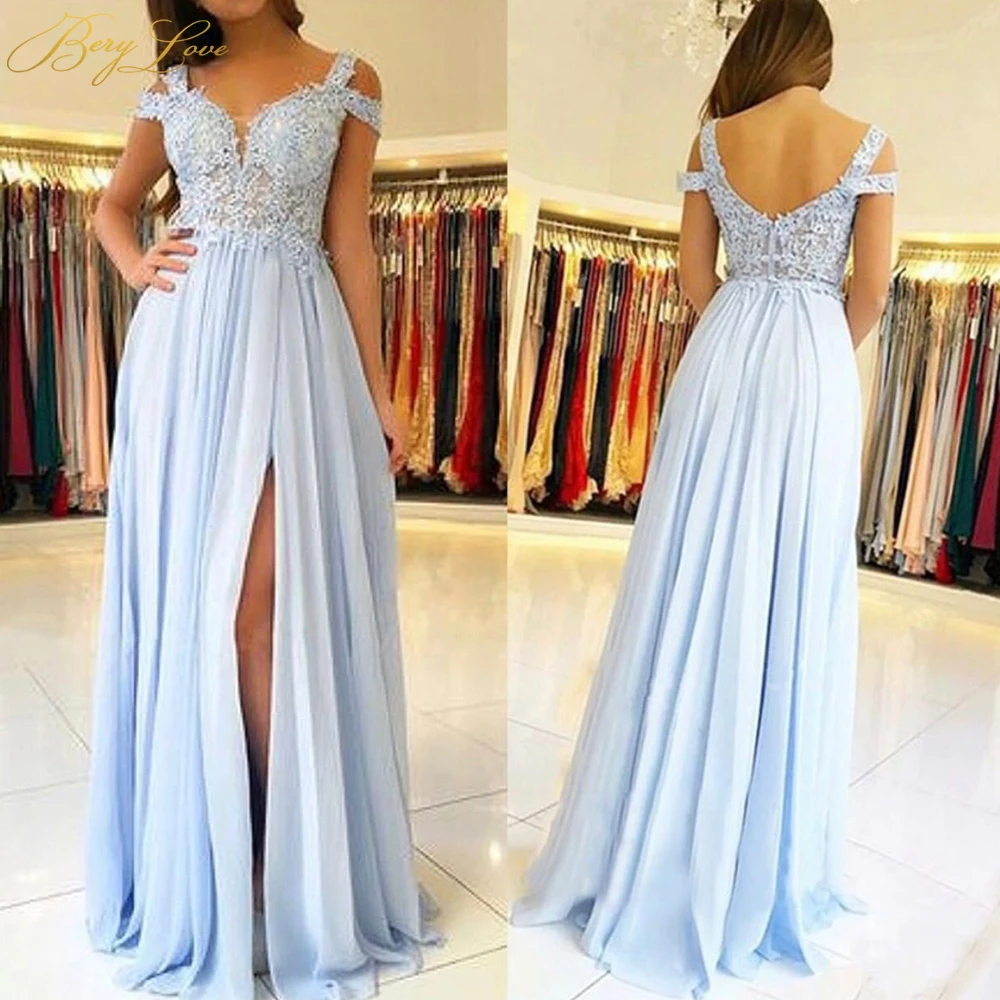 

DB047 Light Blue Lace Bridesmaid Dresses 2022 Chiffon High Slit Side Sleeves Appliques Long Party Guest Wedding Party Gown