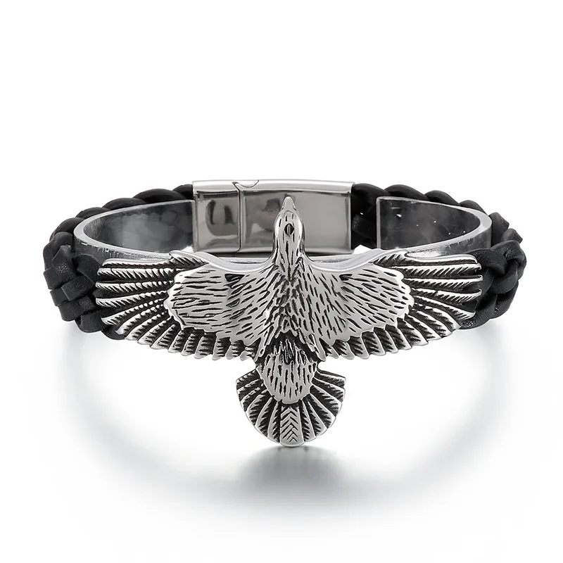 KALEN 220mm Punk Stainless Steel Mens Cowhide Leather Hawk Bracelets