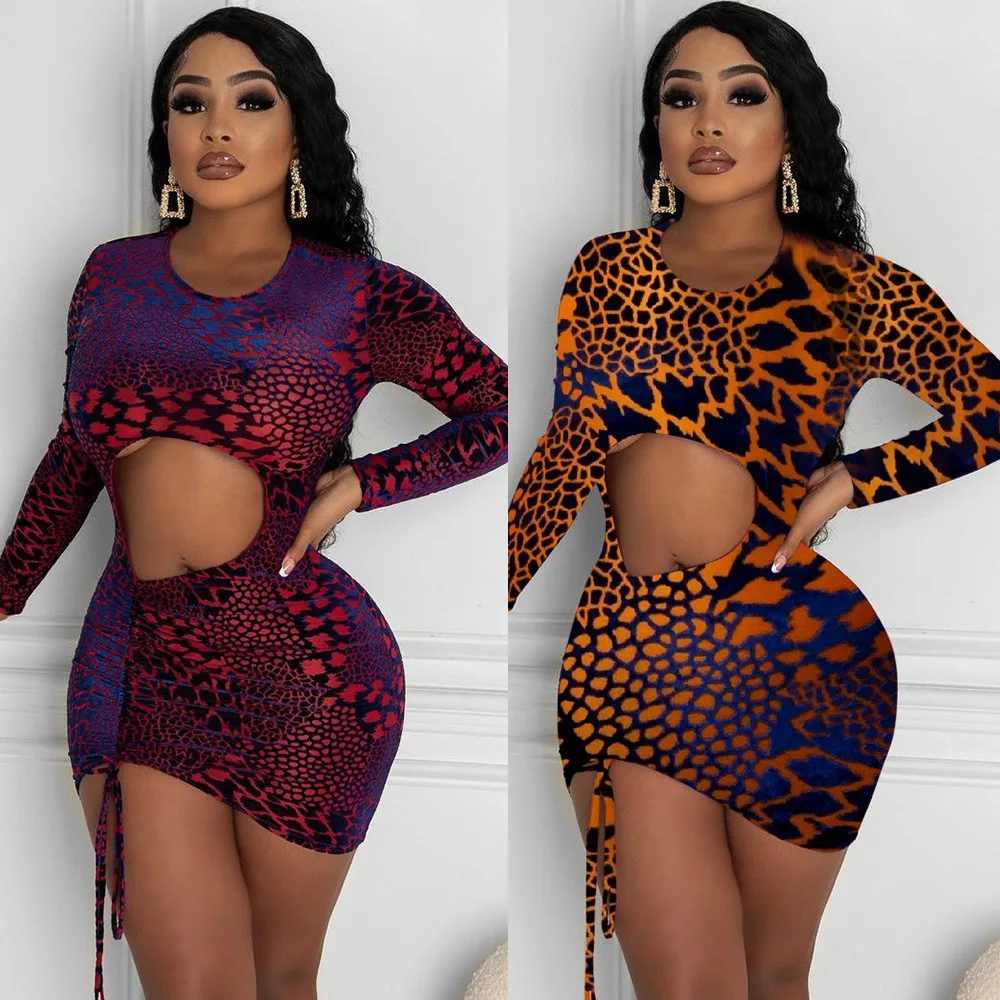 

M2465 - fashion printed hollow out o neck drawstring bandage long sleeve women dresses