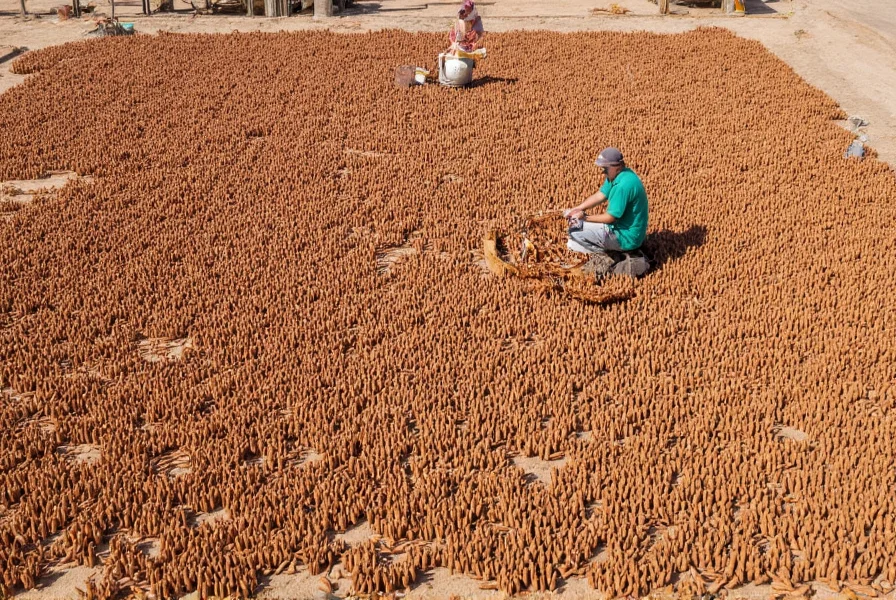 Traditional cinnamon quills drying in shaded area with workers arranging them in proper formation