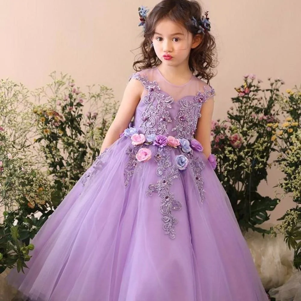 

Garden Purple Girls Pageant Dress With Bow 3D Flowers Ball Gown Ankle Length Hand Made Flower Girl Wedding Dresses, Custom made