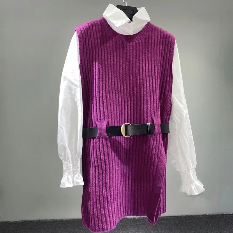 

S7175 2021 Autumn New White Plaid Shirt Tops Female Design Sense Slit Knitted Vest Shirt Western Style Two-piece Set Suit