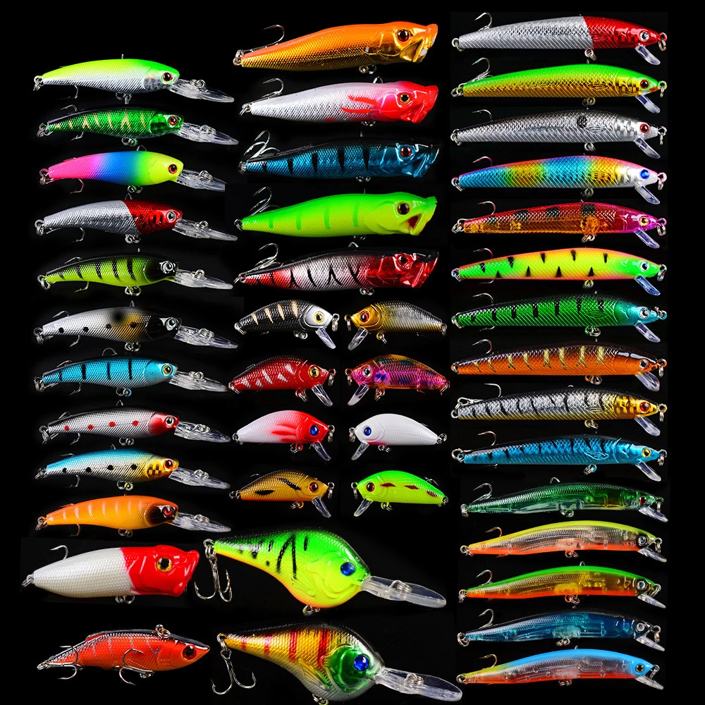 

42pcs Amazon Multifunctional Painted Bionic Fishing Bait Lure Set Kit with Vib Popper Crank Minnow Lures Kit, Vavious colors