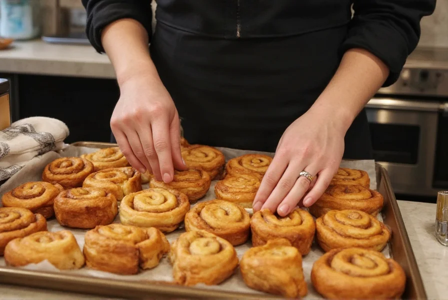 Starbucks barista placing freshly baked cinnamon rolls on display tray