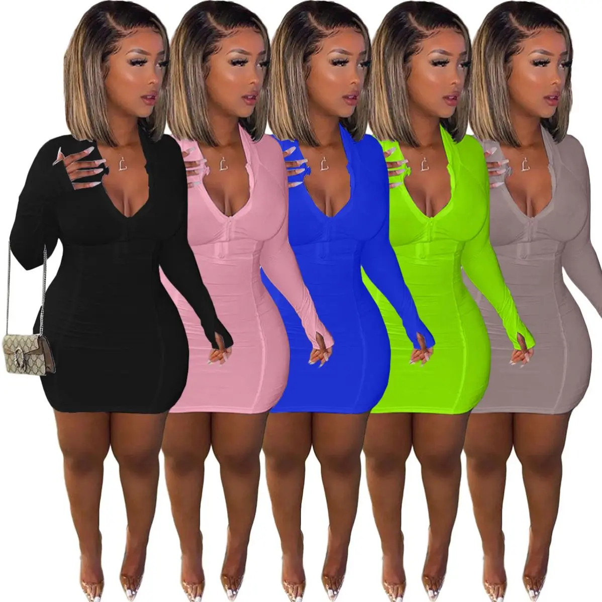 

LZX0314 2020 Long Sleeve Ladies Multicolor Sexy Girls Dresses Casual Sport Short Mini Bodycon Dresses Women Fall Clothing, Picture