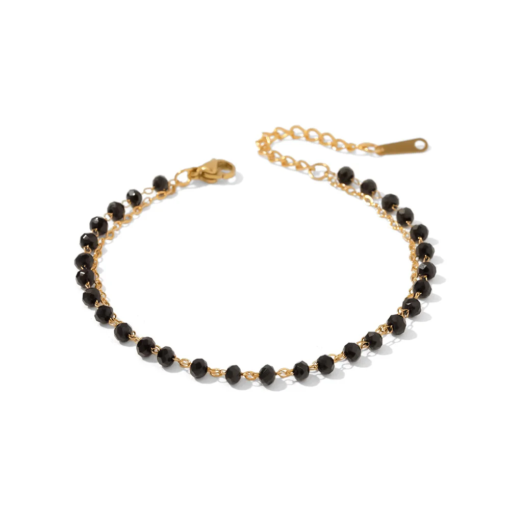 

New Trendy 18k Plated Stainless Steel Jewelry Double Layer Black Glass Bead Chain Bracelet for Women