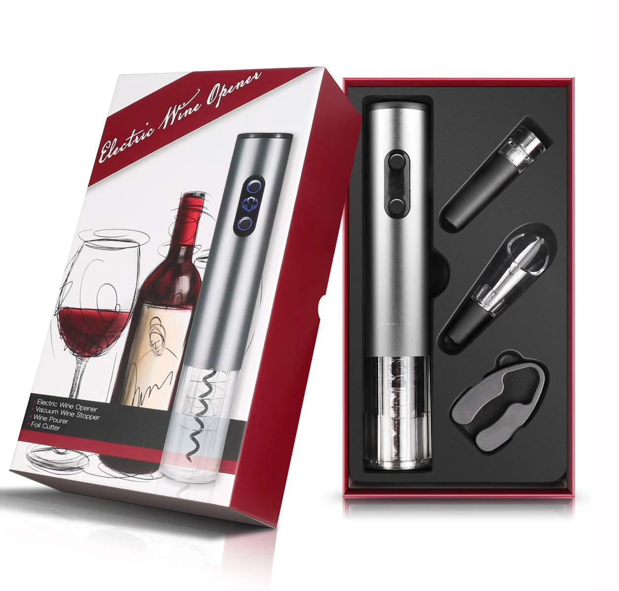 

Trending 2019 gadgets Wine Accessories Electric Wine Opener corkscrew Set Amazon wedding favors wine stopper set gift, Red/gray/blue/oem