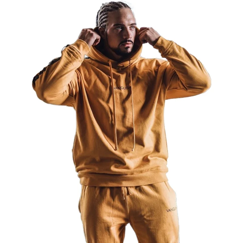 

BBTXZ10 Yellow Men fashion loose leisure sports hoodie set pure color breathable hoodie fitness wear running hoodie suit