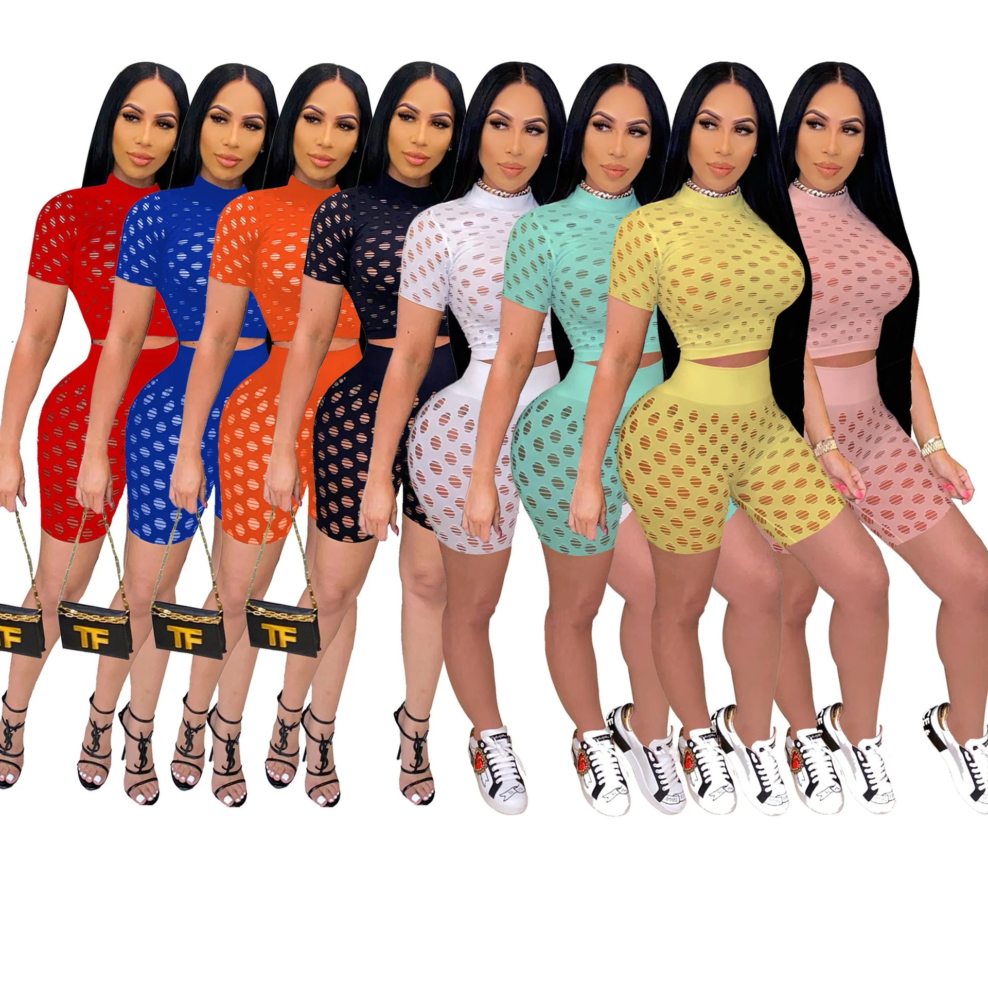 

APR12Hollow Out Two Piece Set Women Mesh Summer 2021 Solid Pants Outfits Sexy See Through 2 Piece Biker Short Set