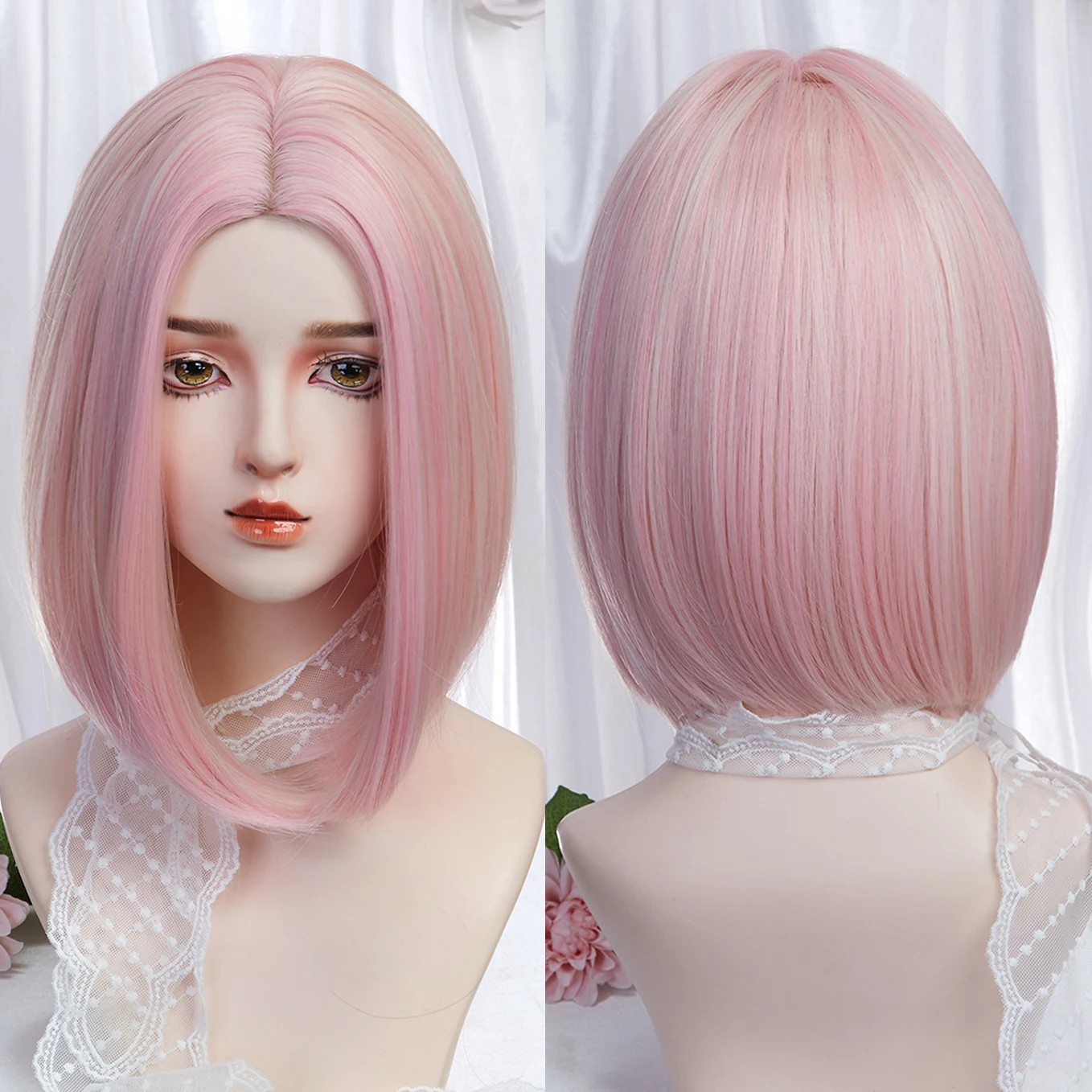 Factory Fast Shipping Pink No Bangs Bob Synthetic Wig Short Straight Multi-Layer Natural Hairstyle Durable Matte Real Photo
