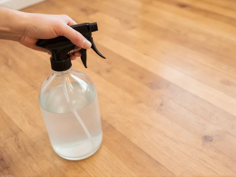 Homemade hardwood floor cleaner in glass spray bottle
