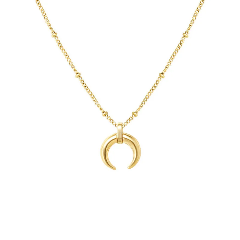 

Hot Selling 18K Gold Plated Stainless Steel thin bead chain Horn Shape crescent Moon Pendant Necklace for Women, Siver/gold