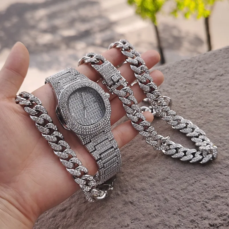 

Hip Hop Ice Out CZ Gold Plated 13MM Cuban Link Bracelet Chain Necklace Watch Jewelry Set, Silver,gold,rose gold