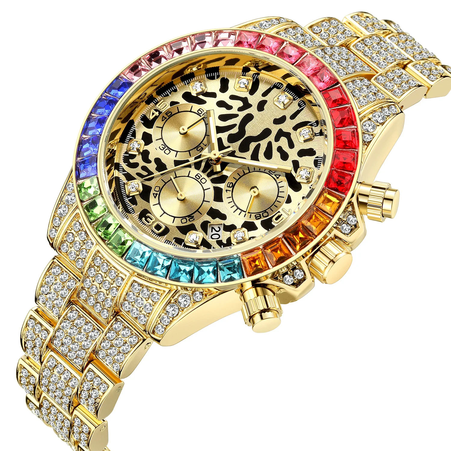 

Men Watch Luxury Brand Mens Gold men Watch Quartz Clock Chronograph colorful Diamond Steel Iced Out Watch