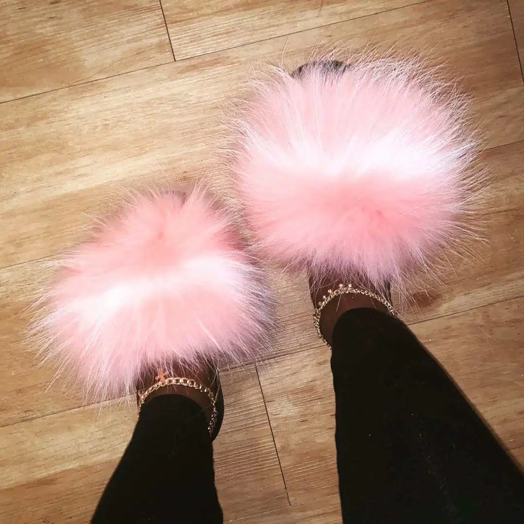 

New style soft and big fluffy fur slides sandals soft fox and raccoon fur slippers women, Color matching or can be customized according to requirements