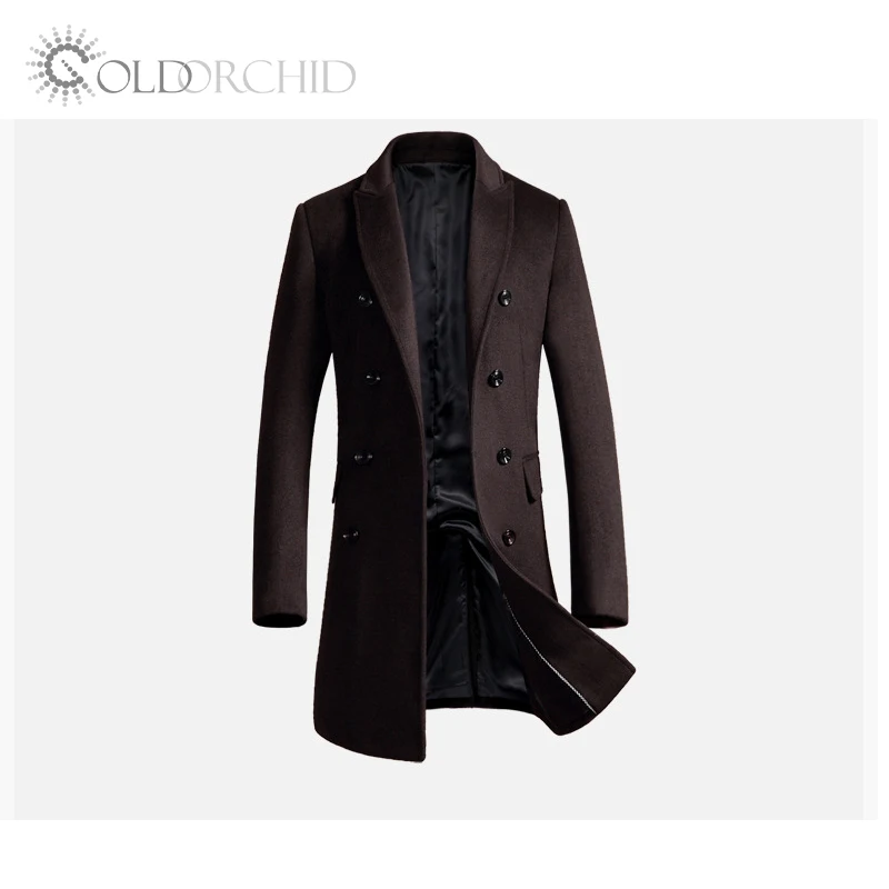 

Elegant Turn-Down Collar Double Breasted Suit Wool Trench Coat Men Long, Black,gray