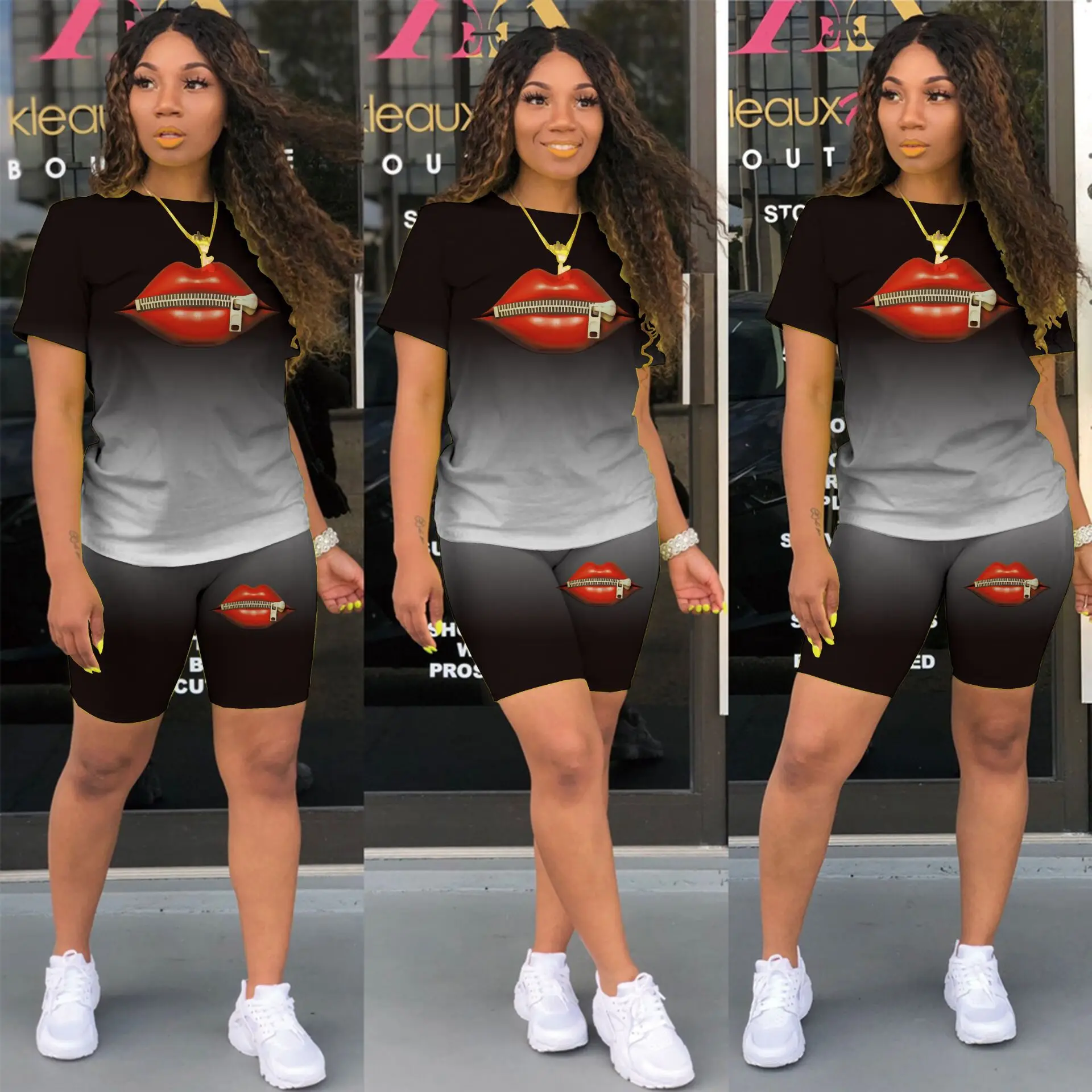 

2021 Women Summer Tracksuits Leisure Wear Mouth Print T-Shirts+Shorts Suit Two Piece Set Club Party Street Outfits, 6 colors