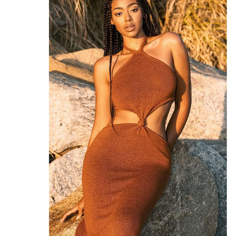 

2021 New Arrival fashion women clothes Women sexy halter sleeveless hollow out summer fashion ladies casual dresses sweater dress