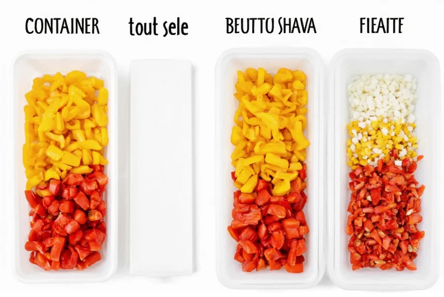 Proper storage methods for diced bell peppers showing container preparation and freezer layout