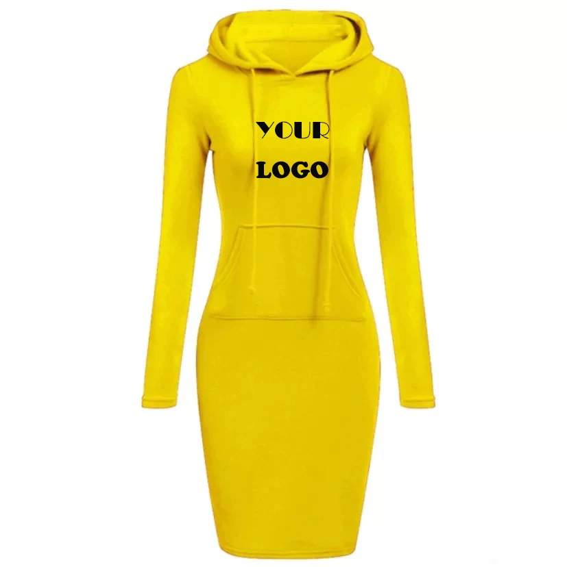 

Custom Logo Wholesale Fashion Hoodie Full Sleeve Winter Women's Pocket Solid Color Dress 2021