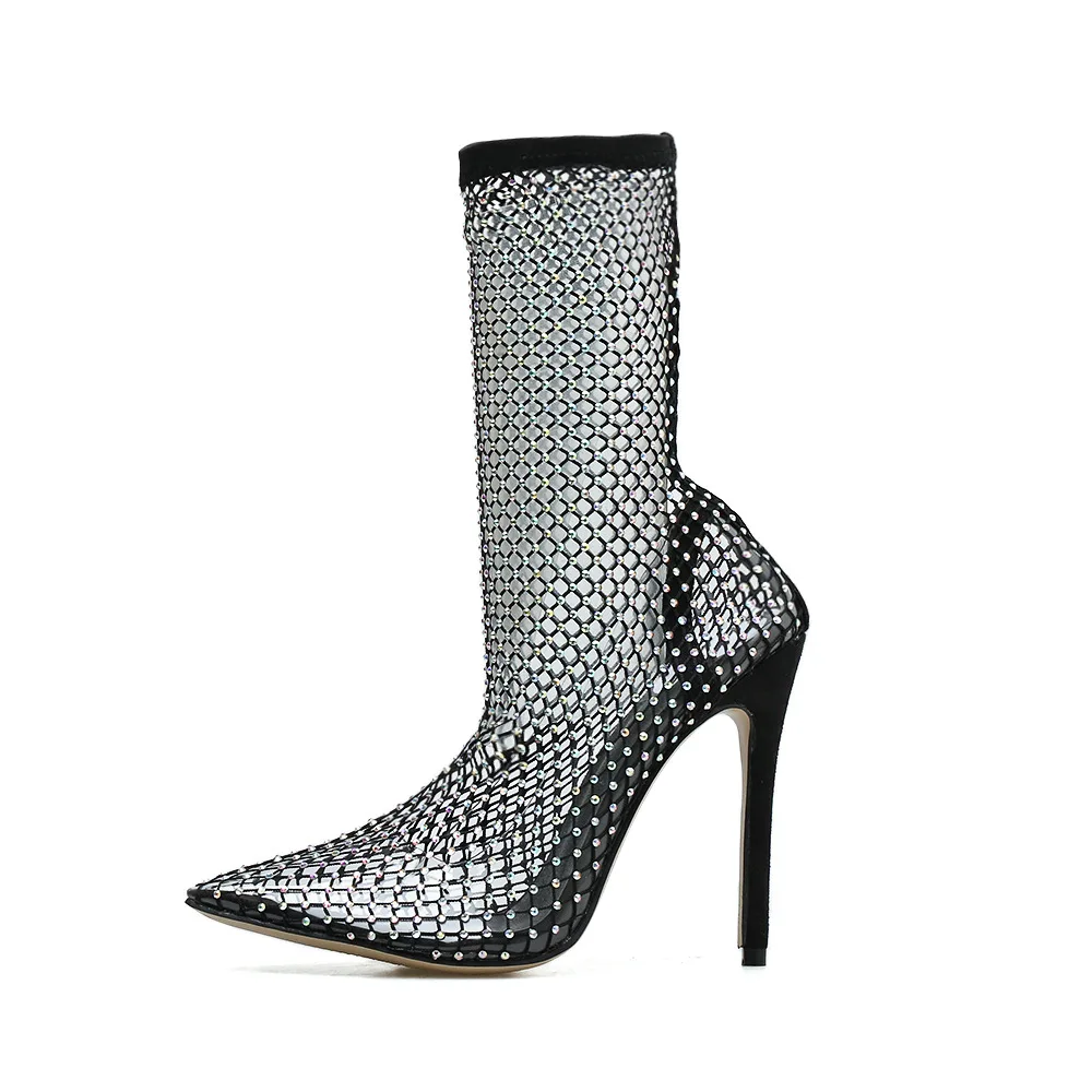 

women sexy black thin heel pointed hollow mesh fishnet lady high heel ankle boots size plus