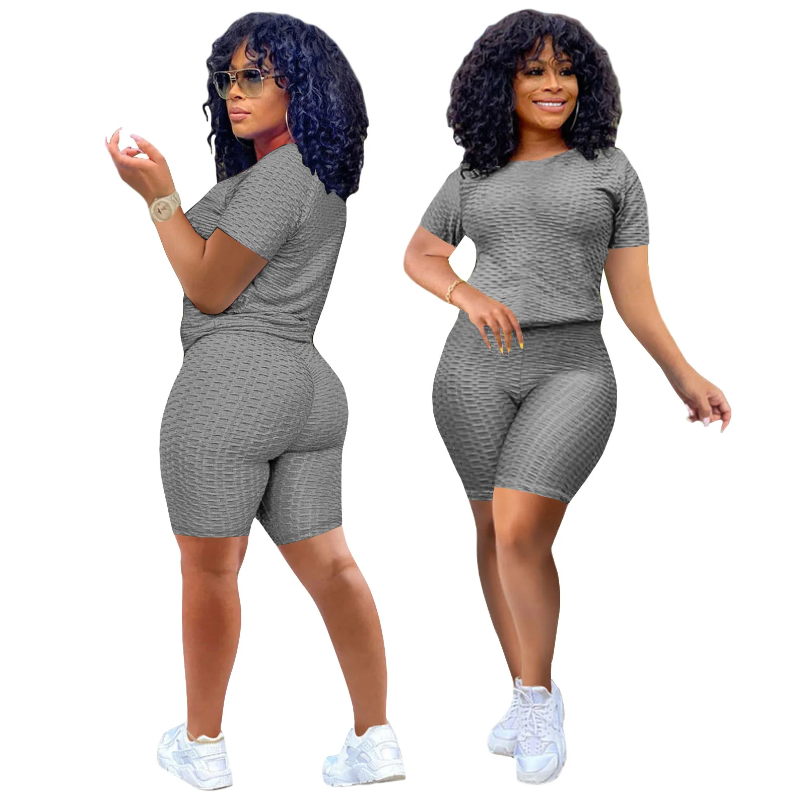 

sport two piece biker short set summer yoga set 2021