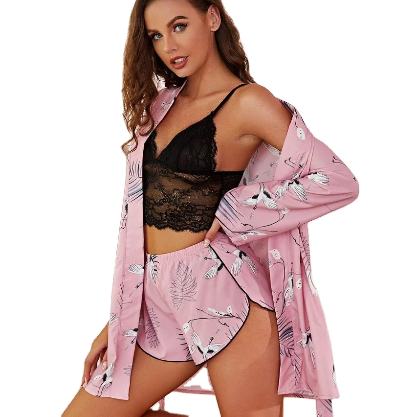 

Three pieces women's sexy sleepwear sets female printed pajamas sets adults summer home clothes with robe, Picture shows