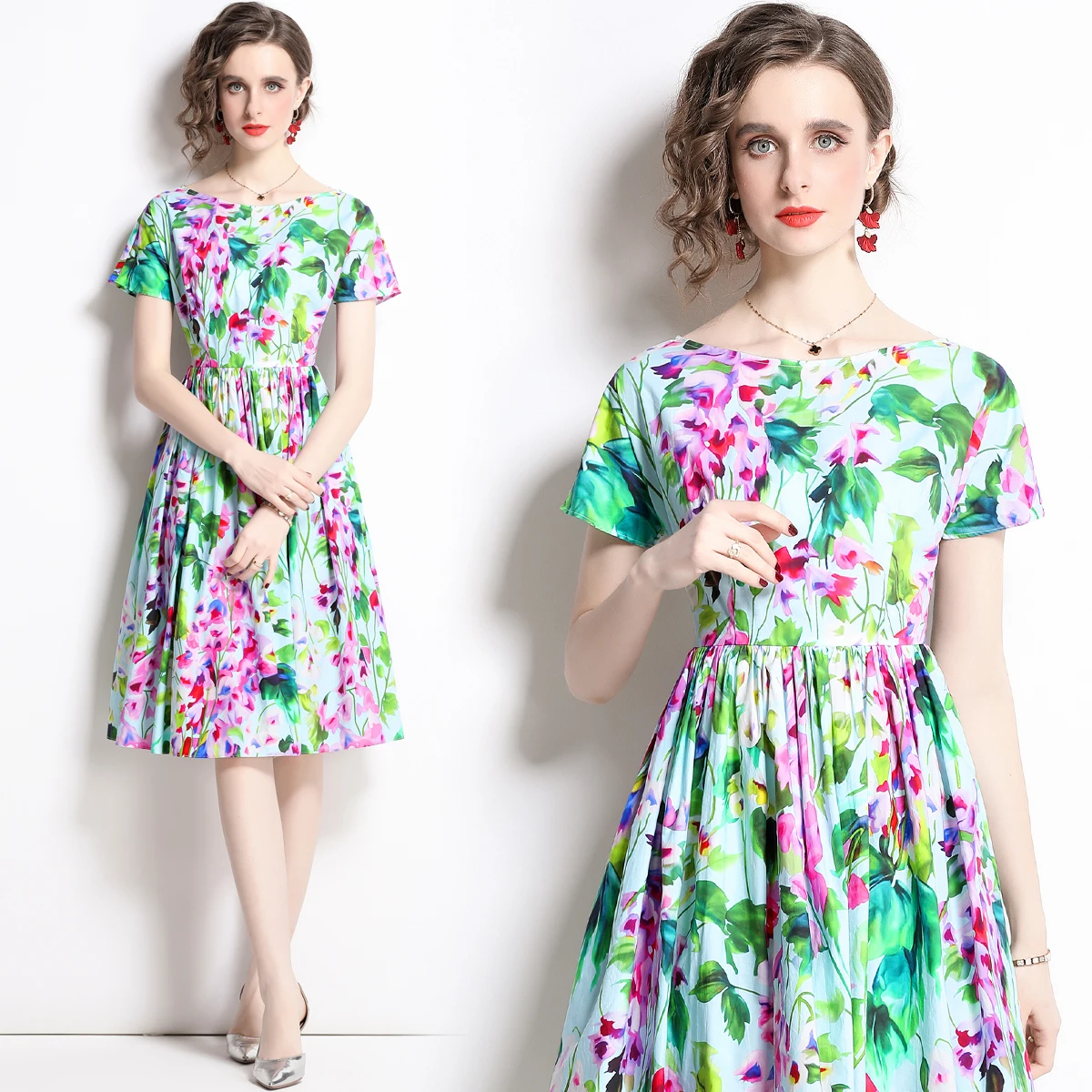 

O Neck Short Sleeve High Quality Floral Print A Line Dress for Summer