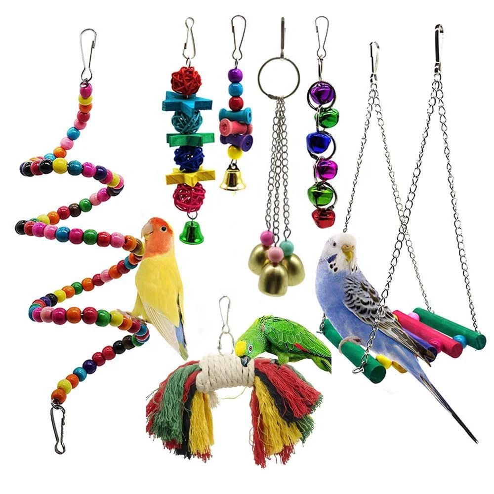

OEM Perroquet Chewing Bite Bird 7PCS Toys Medium Mascota Wood Papagei Toys Cage Burung Hammock Swing Hanging Parrot Bird Toys