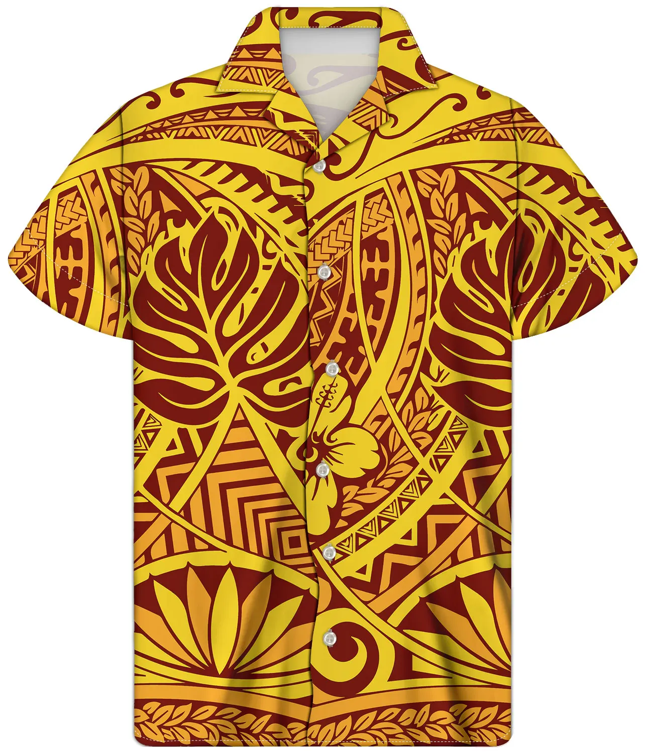 

Shiny gold men's Cuban stand collar short sleeve comfortable shirt Samoa Polynesian tribal design High quality summer beach top, Customized color