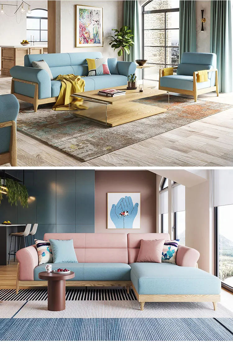 Nordic Wood Style Living Room Small Apartment Three Seat Sofa Furniture Set