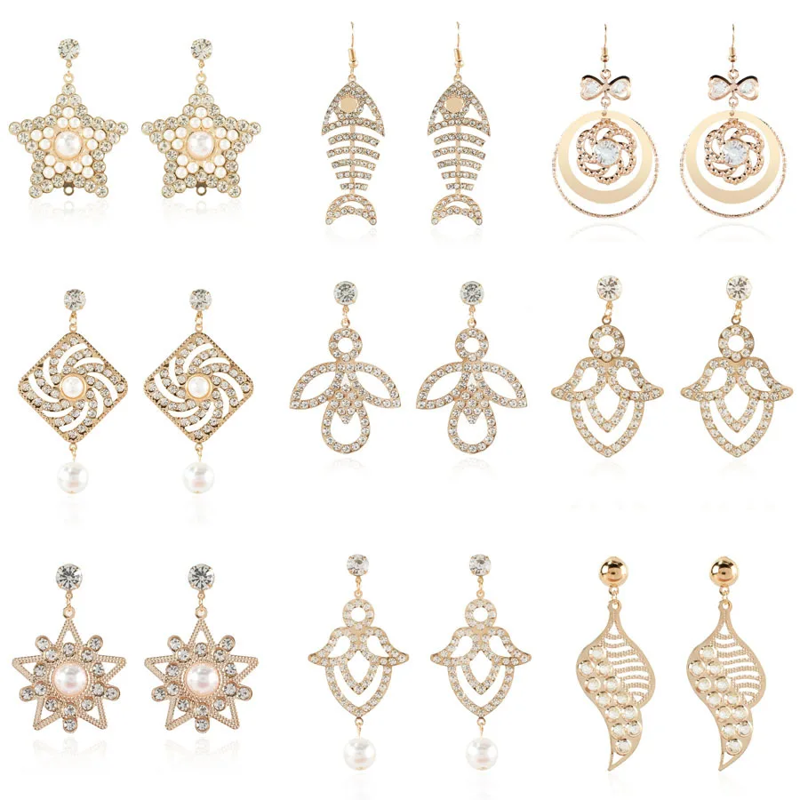 

French European Style Jewelry Accessories Geometric Flower Shape 925 Silver Rhinestone Pearl Drop Earring Set Woman Girls