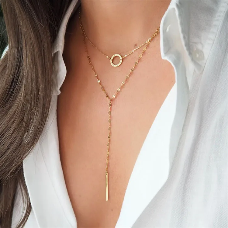 

G226 Fashion Stainless Steel Jewelry Sets Women Geometric Round Vertical Bar Pendant Clavicle Chain Multi Layer Necklace