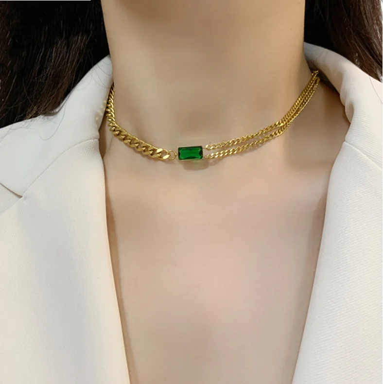 

High Quality Green Crystal Women Chocker Stainless Steel Necklace Jewelry
