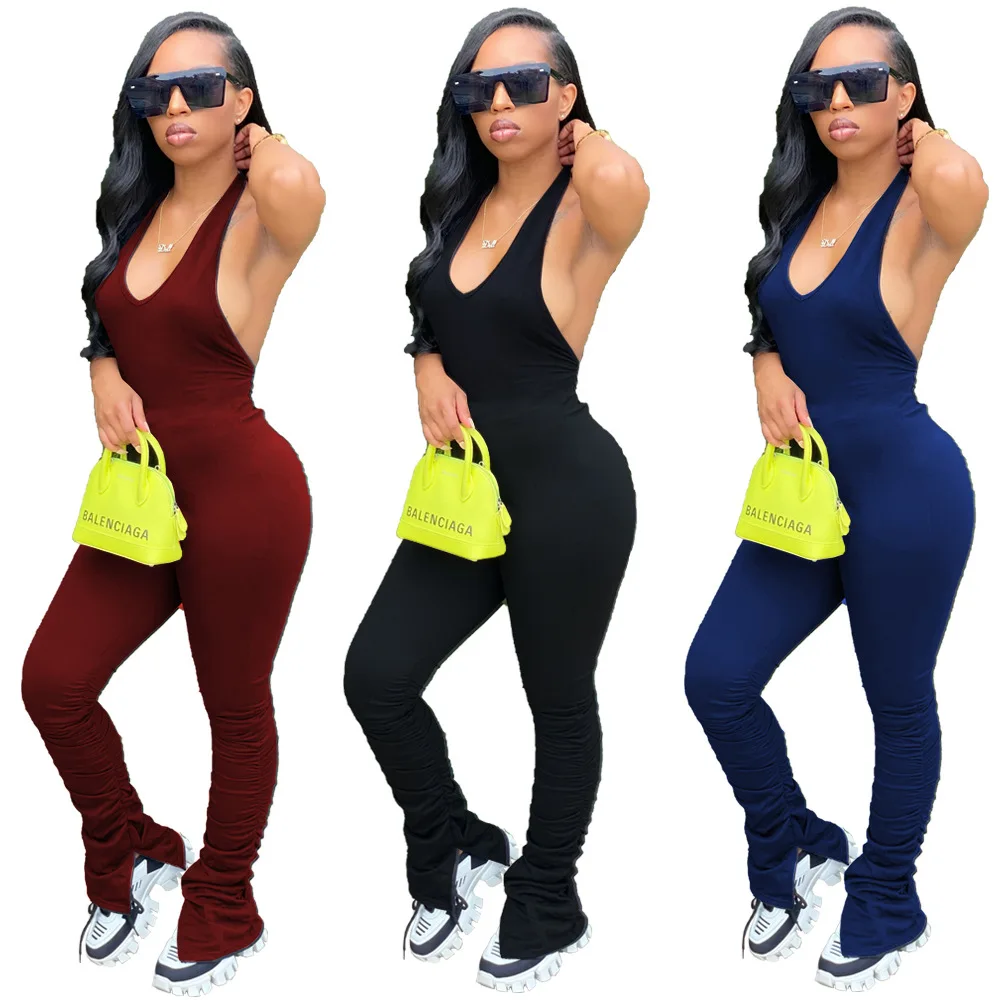 

New Casual Solid color Bodycon Sleeveless Jumpsuits Sporty Workout Active Wear Skinny Summer Rompers stacked pants jumpsuit, Black blue burgundy